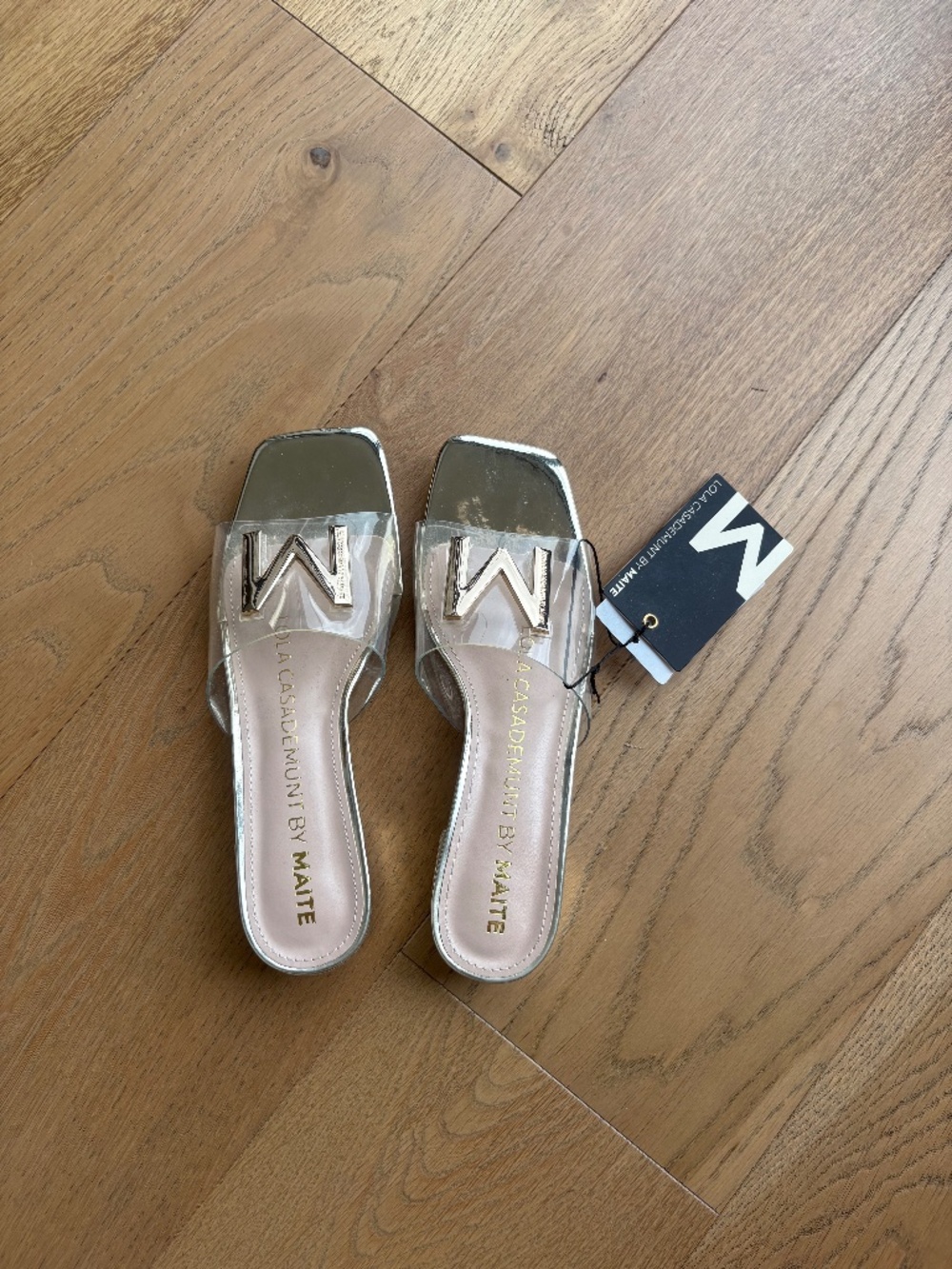 NWT Lola Casademunt by Maite Gold Clear Strap Heeled Sandals Slides Size 38